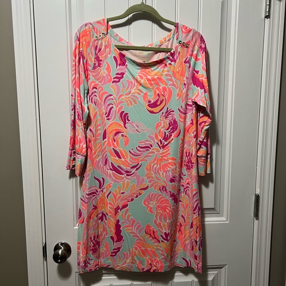 Lilly Pulitzer Pink, Orange, and Teal 3/4 Sleeve Shift Dress - Picture 1 of 2